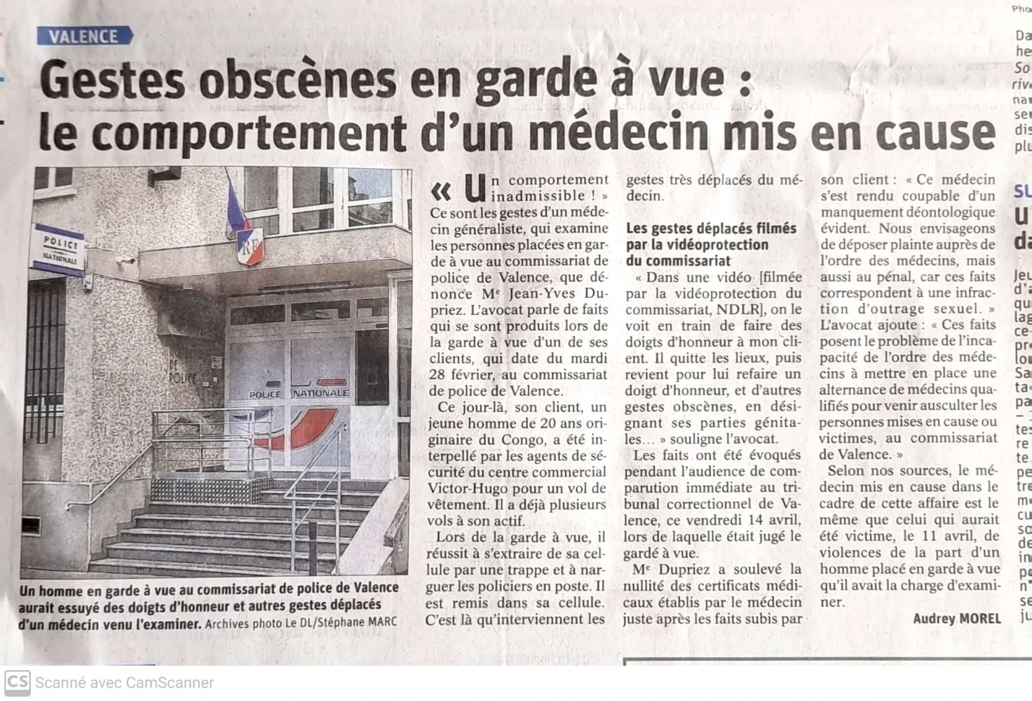 A Valence, le Médecin habituellement requis pour intervenir en garde à vue dépasse les bornes ! - Crédit photo : © Article du Dauphiné Libéré - Audrey  MOREL